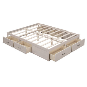 HomeRoots Antiqued White Wood Queen Bed Frame with Integrated Storage Drawers for a Stylish, Organized Bedroom 596577