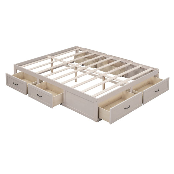 HomeRoots Antiqued White Wood Queen Bed Frame with Integrated Storage Drawers for a Stylish, Organized Bedroom 596577
