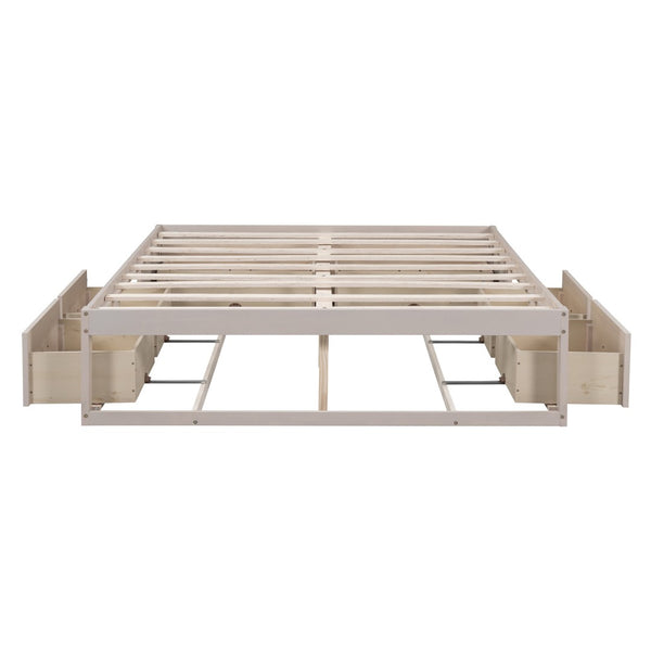 HomeRoots Antiqued White Wood Queen Bed Frame with Integrated Storage Drawers for a Stylish, Organized Bedroom 596577