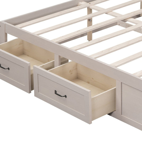 HomeRoots Antiqued White Wood Queen Bed Frame with Integrated Storage Drawers for a Stylish, Organized Bedroom 596577