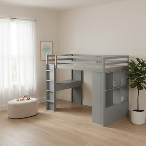 HomeRoots Gray Four Poster Twin Loft Bed with Desk, Shelves & Storage - Modern Space-Saving Design for Kids 596578
