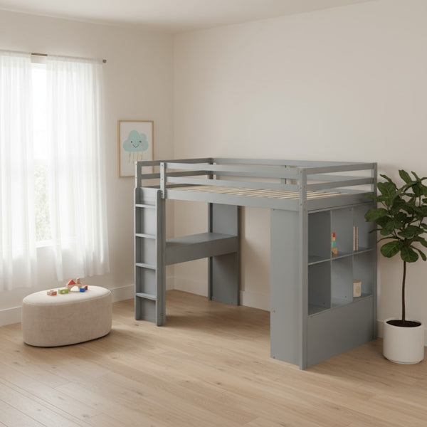 HomeRoots Gray Four Poster Twin Loft Bed with Desk, Shelves & Storage - Modern Space-Saving Design for Kids 596578