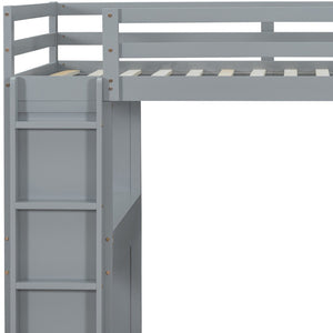 HomeRoots Gray Four Poster Twin Loft Bed with Desk, Shelves & Storage - Modern Space-Saving Design for Kids 596578