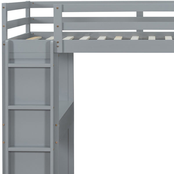 HomeRoots Gray Four Poster Twin Loft Bed with Desk, Shelves & Storage - Modern Space-Saving Design for Kids 596578