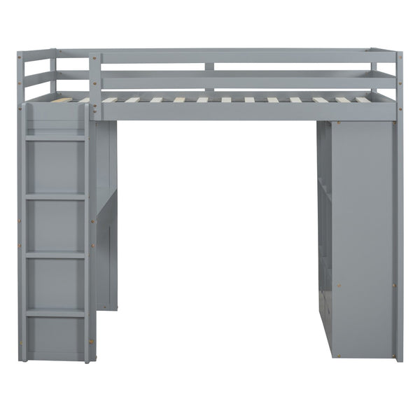 HomeRoots Gray Four Poster Twin Loft Bed with Desk, Shelves & Storage - Modern Space-Saving Design for Kids 596578