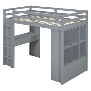 HomeRoots Gray Four Poster Twin Loft Bed with Desk, Shelves & Storage - Modern Space-Saving Design for Kids 596578