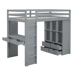 HomeRoots Gray Four Poster Twin Loft Bed with Desk, Shelves & Storage - Modern Space-Saving Design for Kids 596578