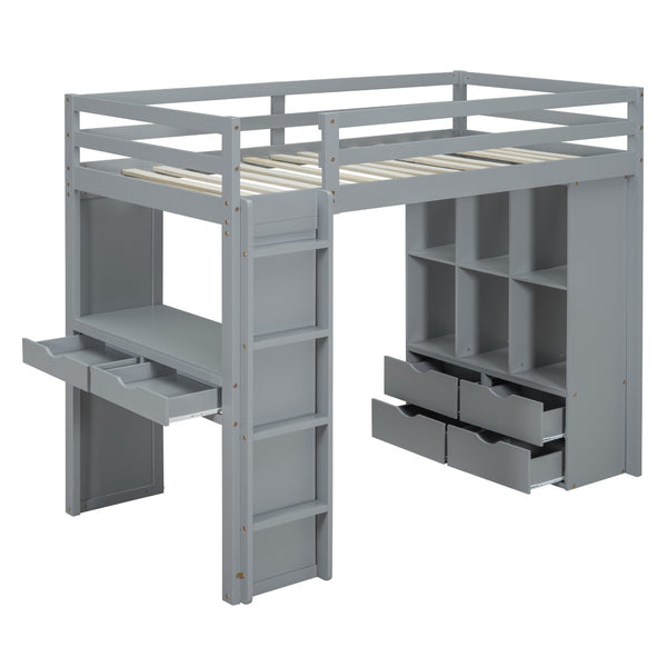 HomeRoots Gray Four Poster Twin Loft Bed with Desk, Shelves & Storage - Modern Space-Saving Design for Kids 596578