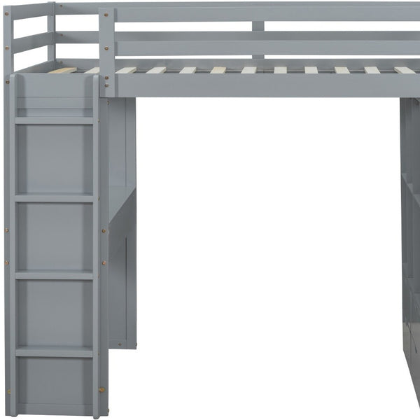 HomeRoots Gray Four Poster Twin Loft Bed with Desk, Shelves & Storage - Modern Space-Saving Design for Kids 596578