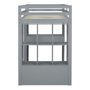 HomeRoots Gray Four Poster Twin Loft Bed with Desk, Shelves & Storage - Modern Space-Saving Design for Kids 596578
