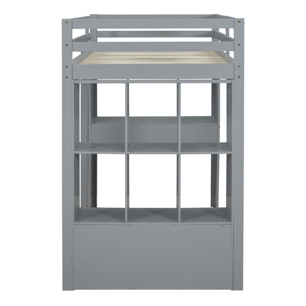 HomeRoots Gray Four Poster Twin Loft Bed with Desk, Shelves & Storage - Modern Space-Saving Design for Kids 596578