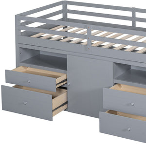 HomeRoots Gray Four Poster Twin Loft Bed - Stylish Wood Frame with Integrated Shelves for Smart Storage Space 596579