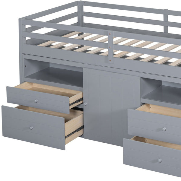HomeRoots Gray Four Poster Twin Loft Bed - Stylish Wood Frame with Integrated Shelves for Smart Storage Space 596579