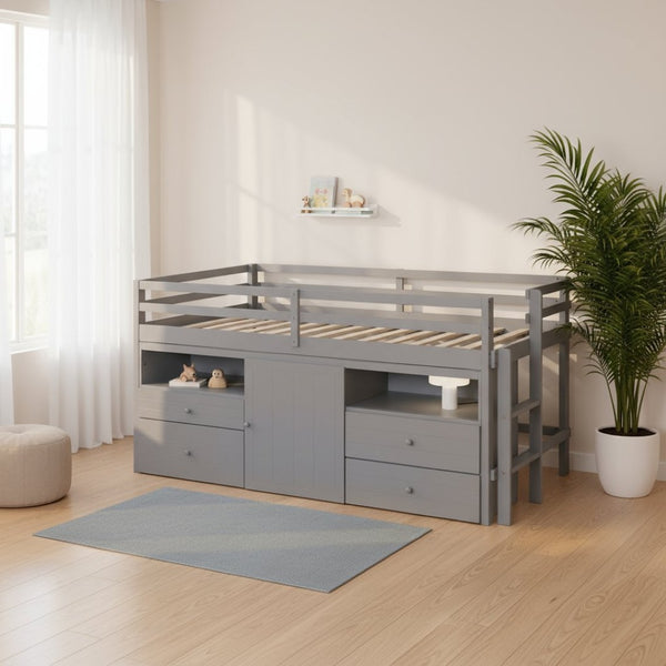 HomeRoots Gray Four Poster Twin Loft Bed - Stylish Wood Frame with Integrated Shelves for Smart Storage Space 596579