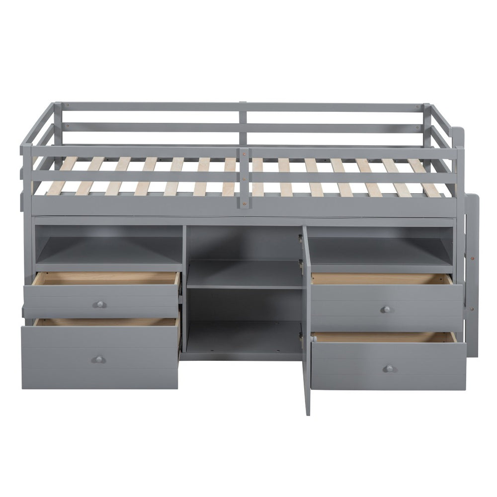 HomeRoots Gray Four Poster Twin Loft Bed - Stylish Wood Frame with Integrated Shelves for Smart Storage Space 596579