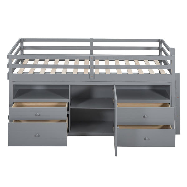 HomeRoots Gray Four Poster Twin Loft Bed - Stylish Wood Frame with Integrated Shelves for Smart Storage Space 596579