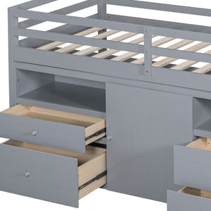 HomeRoots Gray Four Poster Twin Loft Bed - Stylish Wood Frame with Integrated Shelves for Smart Storage Space 596579