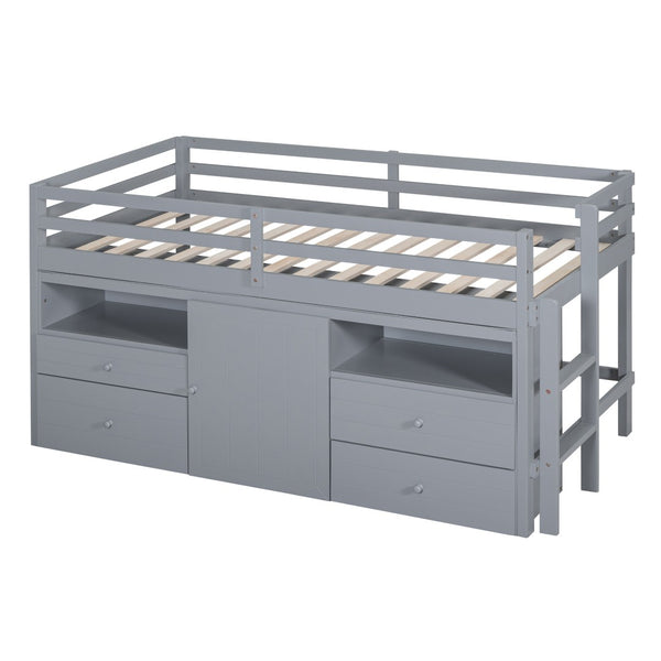 HomeRoots Gray Four Poster Twin Loft Bed - Stylish Wood Frame with Integrated Shelves for Smart Storage Space 596579