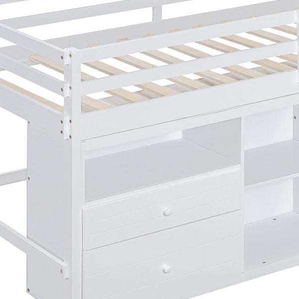 HomeRoots White Four Poster Twin Loft Bed with Storage Drawers and Versatile Under-Bed Space for Kids 596580