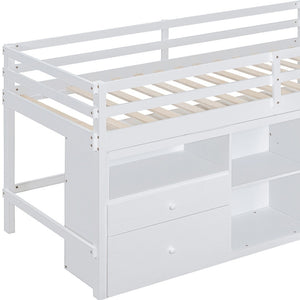 HomeRoots White Four Poster Twin Loft Bed with Storage Drawers and Versatile Under-Bed Space for Kids 596580