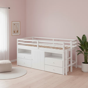HomeRoots White Four Poster Twin Loft Bed with Storage Drawers and Versatile Under-Bed Space for Kids 596580