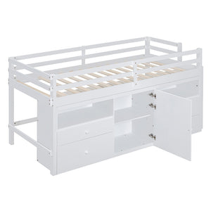 HomeRoots White Four Poster Twin Loft Bed with Storage Drawers and Versatile Under-Bed Space for Kids 596580