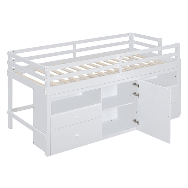 HomeRoots White Four Poster Twin Loft Bed with Storage Drawers and Versatile Under-Bed Space for Kids 596580