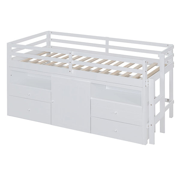 HomeRoots White Four Poster Twin Loft Bed with Storage Drawers and Versatile Under-Bed Space for Kids 596580