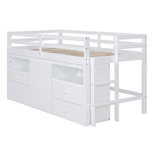 HomeRoots White Four Poster Twin Loft Bed with Storage Drawers and Versatile Under-Bed Space for Kids 596580