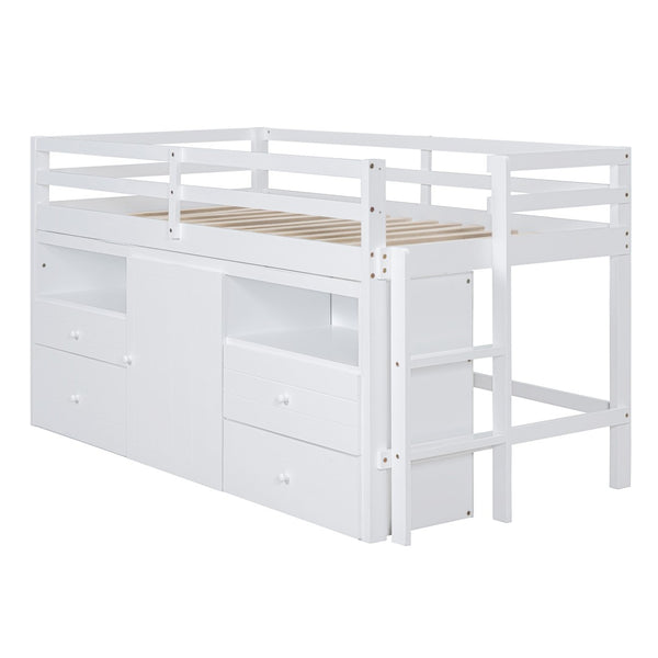 HomeRoots White Four Poster Twin Loft Bed with Storage Drawers and Versatile Under-Bed Space for Kids 596580