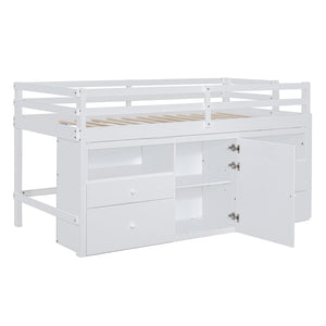 HomeRoots White Four Poster Twin Loft Bed with Storage Drawers and Versatile Under-Bed Space for Kids 596580