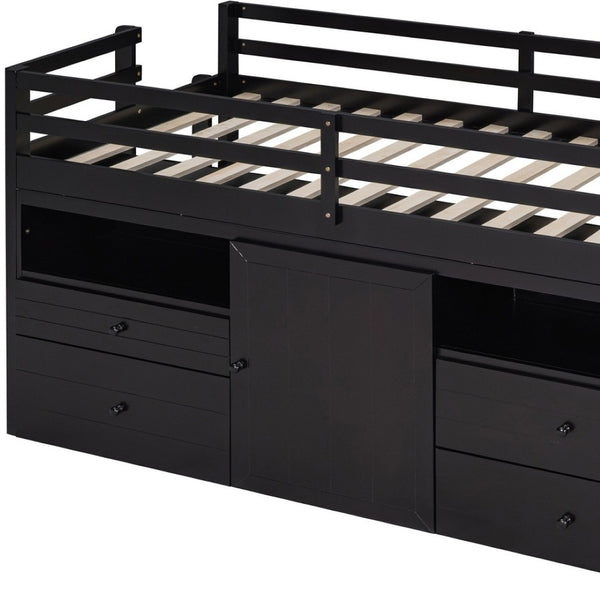 HomeRoots Espresso Four Poster Twin Loft Bed with Storage Drawers - Stylish Space-Saving Solution for Any Room 596581