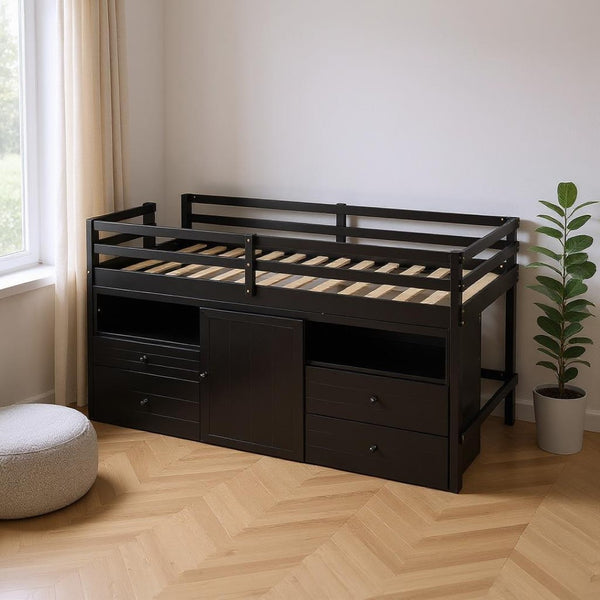 HomeRoots Espresso Four Poster Twin Loft Bed with Storage Drawers - Stylish Space-Saving Solution for Any Room 596581