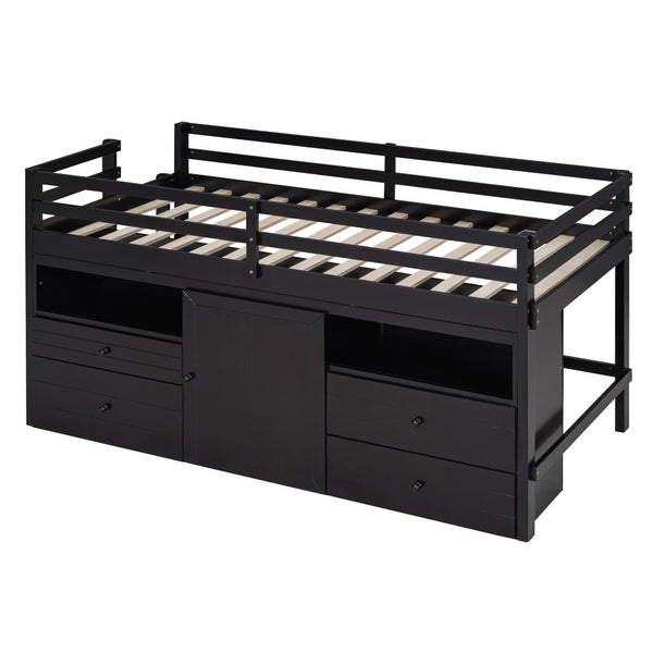 HomeRoots Espresso Four Poster Twin Loft Bed with Storage Drawers - Stylish Space-Saving Solution for Any Room 596581