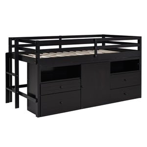 HomeRoots Espresso Four Poster Twin Loft Bed with Storage Drawers - Stylish Space-Saving Solution for Any Room 596581