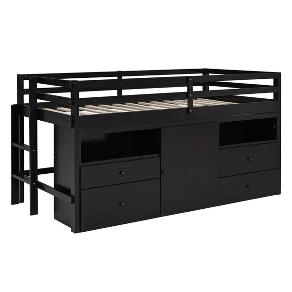 HomeRoots Espresso Four Poster Twin Loft Bed with Storage Drawers - Stylish Space-Saving Solution for Any Room 596581