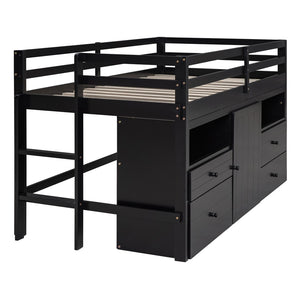 HomeRoots Espresso Four Poster Twin Loft Bed with Storage Drawers - Stylish Space-Saving Solution for Any Room 596581