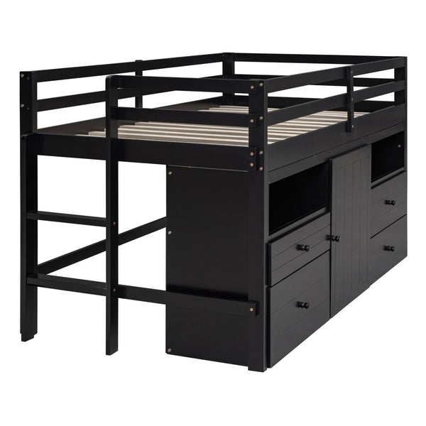 HomeRoots Espresso Four Poster Twin Loft Bed with Storage Drawers - Stylish Space-Saving Solution for Any Room 596581