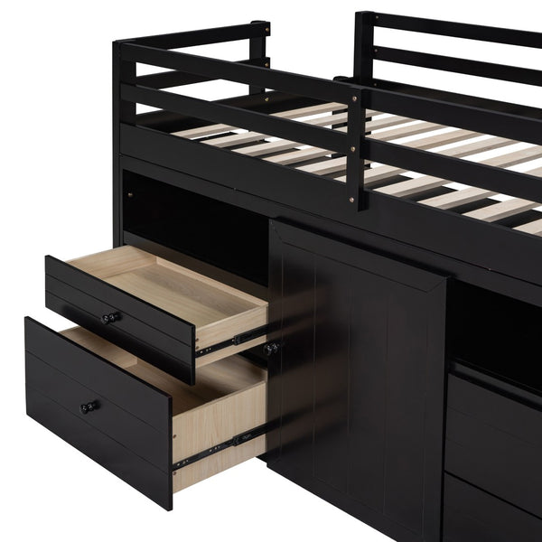 HomeRoots Espresso Four Poster Twin Loft Bed with Storage Drawers - Stylish Space-Saving Solution for Any Room 596581