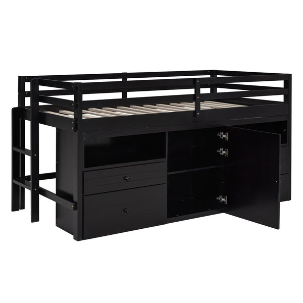 HomeRoots Espresso Four Poster Twin Loft Bed with Storage Drawers - Stylish Space-Saving Solution for Any Room 596581