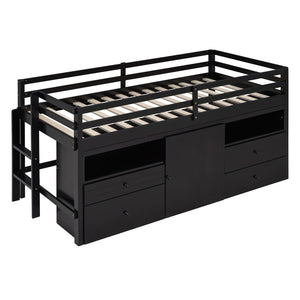 HomeRoots Espresso Four Poster Twin Loft Bed with Storage Drawers - Stylish Space-Saving Solution for Any Room 596581
