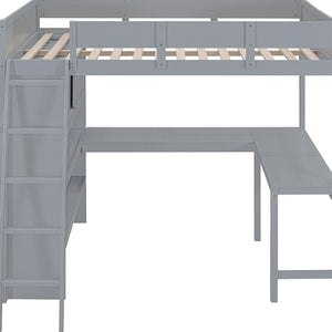 HomeRoots Gray Four Poster Full Loft Bed with Desk & Shelves - Stylish Space-Saving Solution for Any Room 596582
