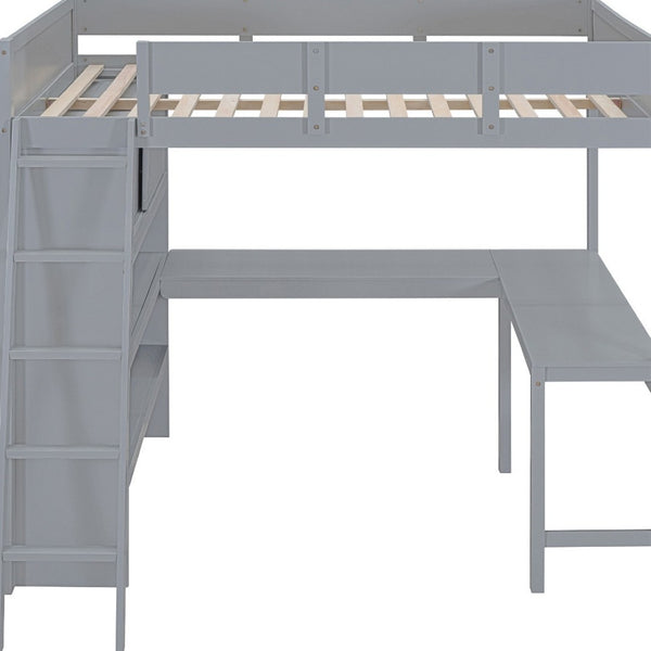 HomeRoots Gray Four Poster Full Loft Bed with Desk & Shelves - Stylish Space-Saving Solution for Any Room 596582