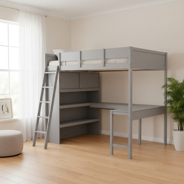 HomeRoots Gray Four Poster Full Loft Bed with Desk & Shelves - Stylish Space-Saving Solution for Any Room 596582