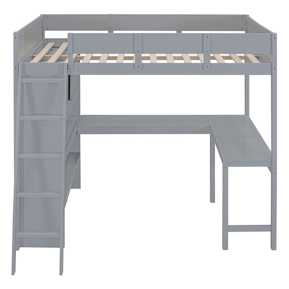 HomeRoots Gray Four Poster Full Loft Bed with Desk & Shelves - Stylish Space-Saving Solution for Any Room 596582
