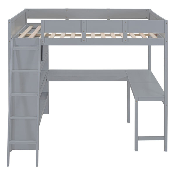 HomeRoots Gray Four Poster Full Loft Bed with Desk & Shelves - Stylish Space-Saving Solution for Any Room 596582