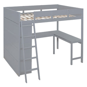 HomeRoots Gray Four Poster Full Loft Bed with Desk & Shelves - Stylish Space-Saving Solution for Any Room 596582