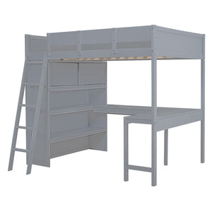 HomeRoots Gray Four Poster Full Loft Bed with Desk & Shelves - Stylish Space-Saving Solution for Any Room 596582