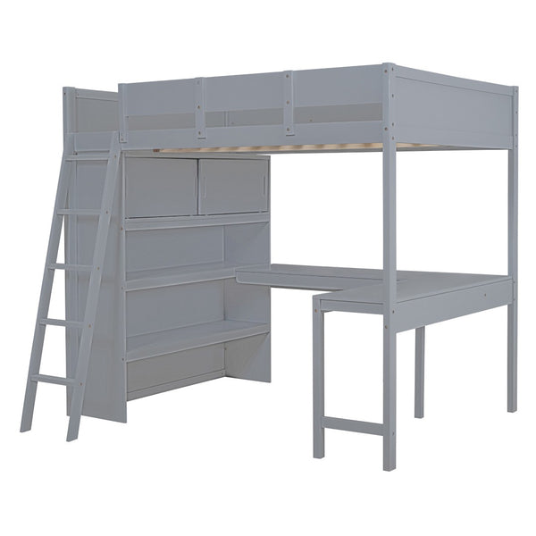 HomeRoots Gray Four Poster Full Loft Bed with Desk & Shelves - Stylish Space-Saving Solution for Any Room 596582