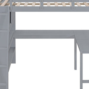 HomeRoots Gray Four Poster Full Loft Bed with Desk & Shelves - Stylish Space-Saving Solution for Any Room 596582